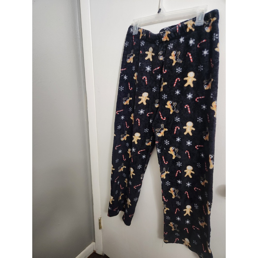 Holiday Gingerbread Candy Cane Plush Pajama Pants Black Fleece XL